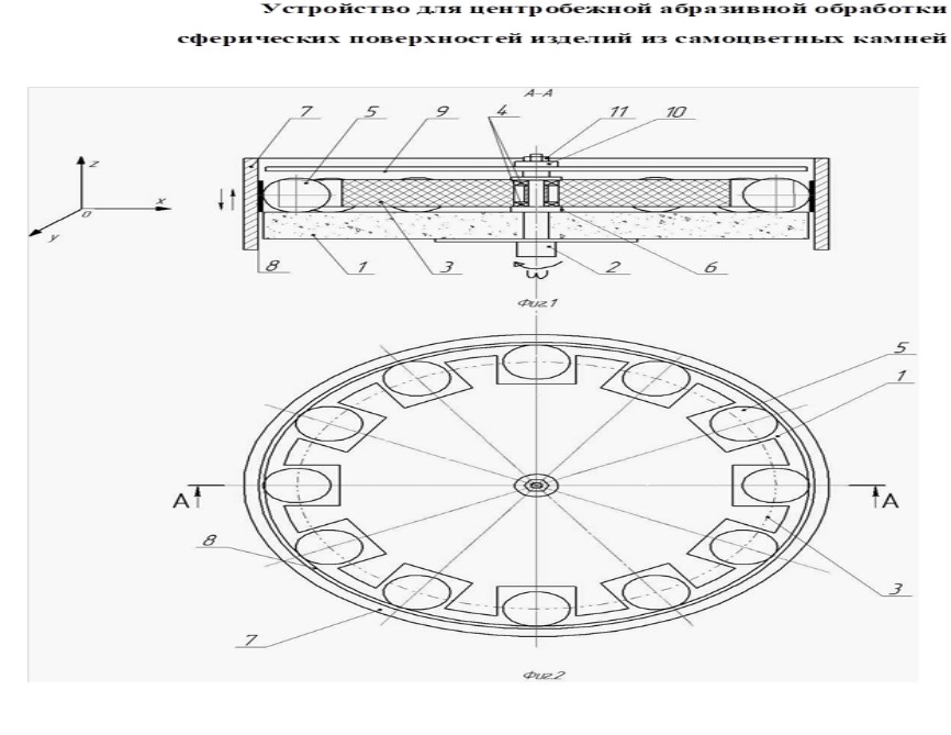 УСТРОЙСТВО ДЛЯ ЦЕНТРОБЕЖНОЙ АБРАЗИВНОЙ ОБРАБОТКИ СФЕРИЧЕСКИХ ПОВЕРХНОСТЕЙ ИЗДЕЛИЙ ИЗ САМОЦВЕТНЫХ КАМНЕЙ.